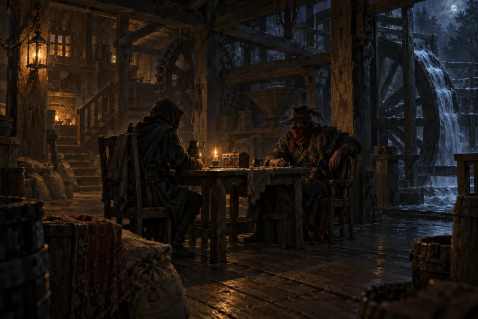 Two figures negotiating across a table in a candlelit mill