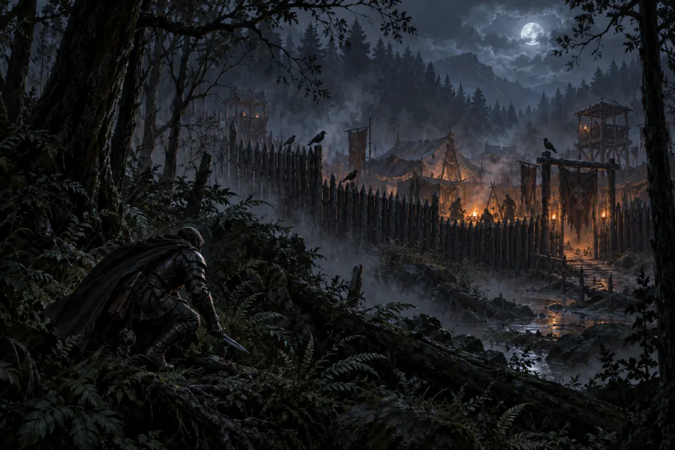 A raider watching a bandit camp from the forest at night